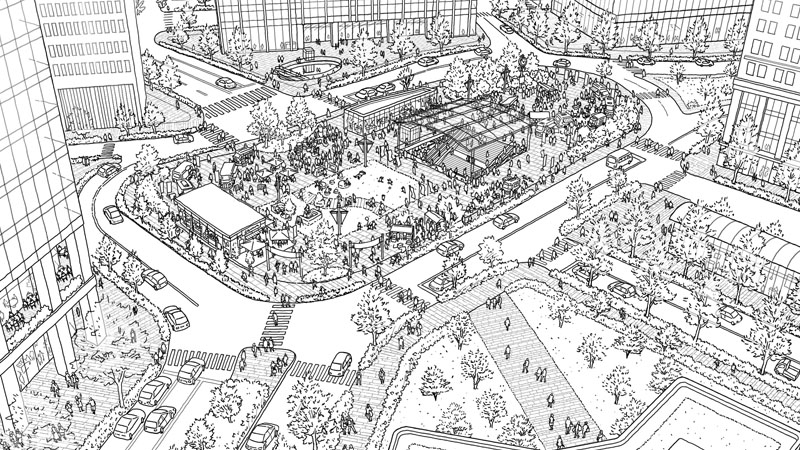 広場の俯瞰パースの線画